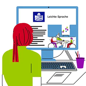 Internetseite in Leichter Sprache Frau ließt am PC einen Text in Leichter Sprache